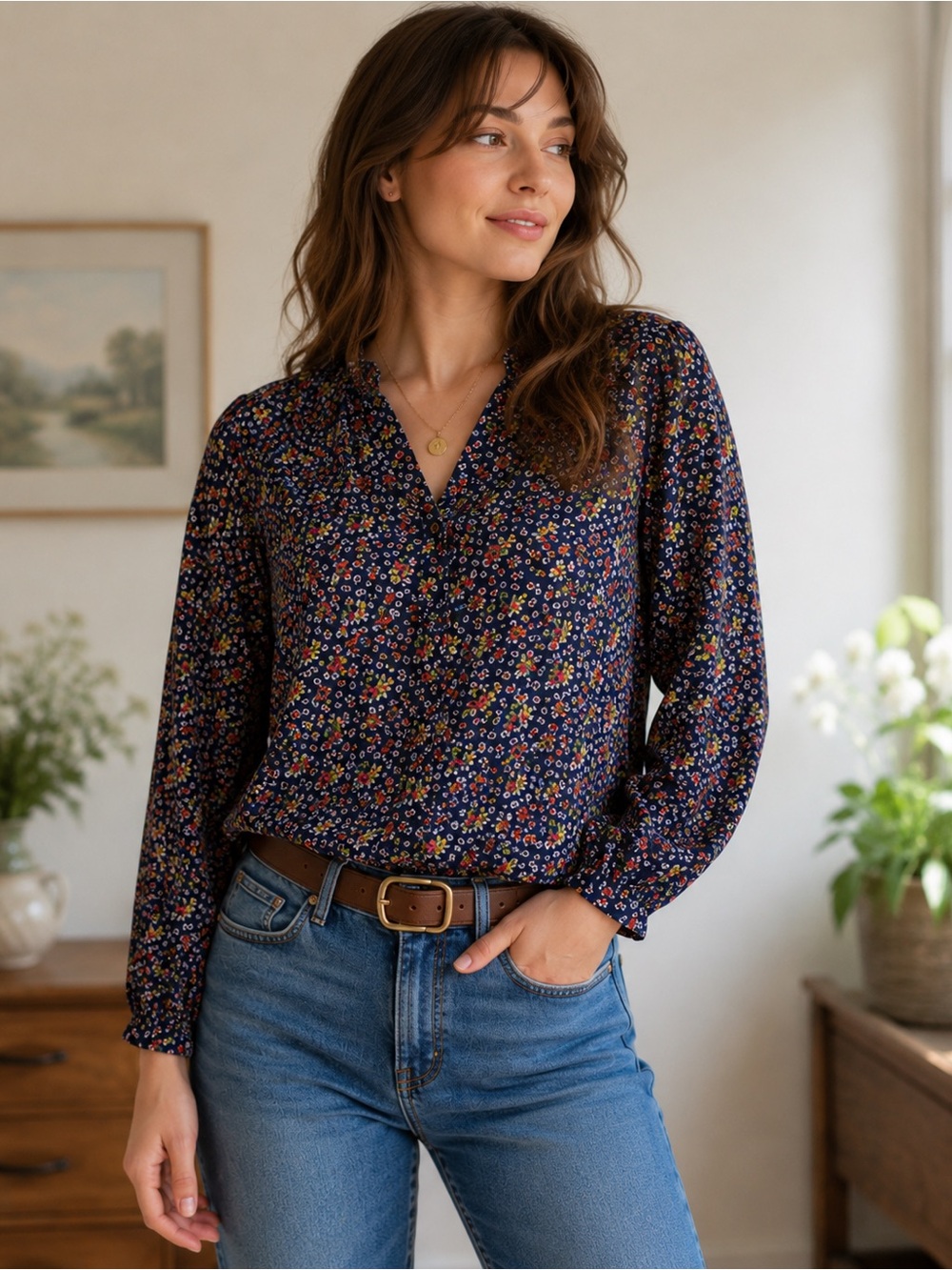 Y2K Blair Floral Blouse | Prairie Cottagecore Retro Navy Top